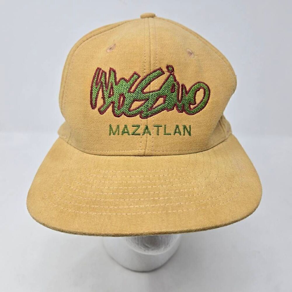 VINTAGE MOSSIMO SOFT TAN GREEN MAZATLAN SPELL OUT MOHR'S SNAPBACK MENS HAT CAP